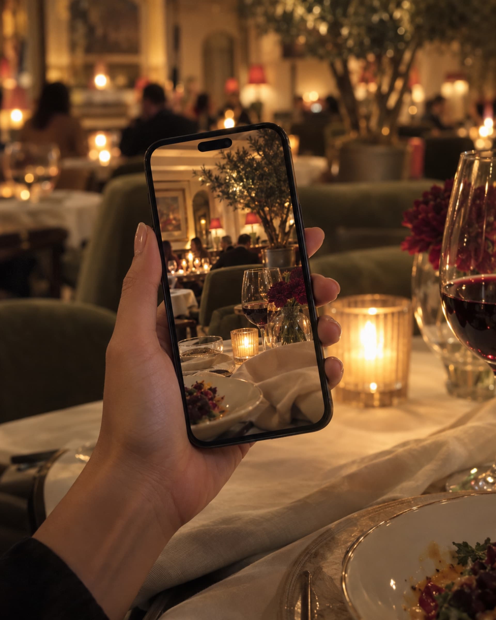 Een telefoon filmt een tafel bij kaarslicht in een restaurant