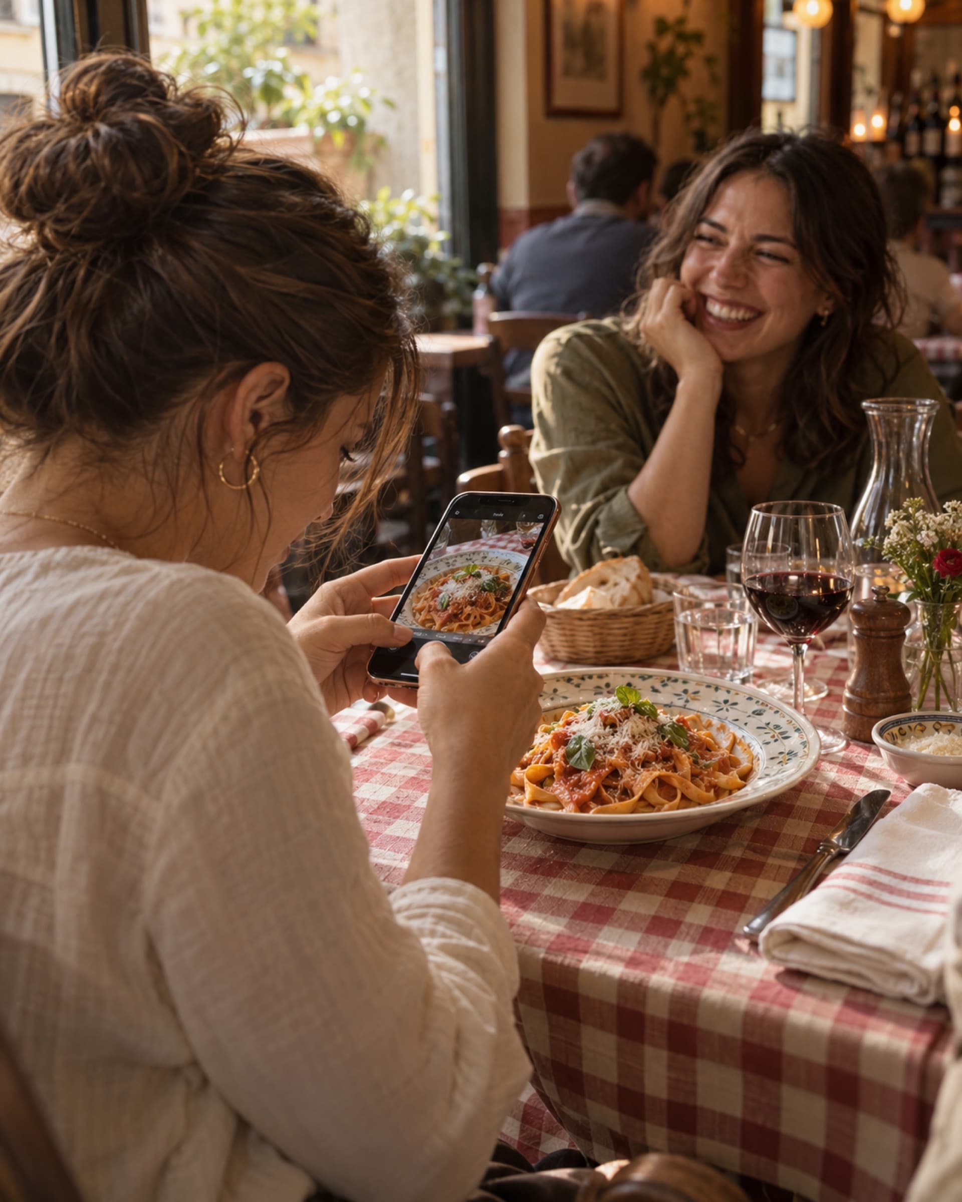 Een vrouw fotografeert haar pasta terwijl haar vriendin lacht