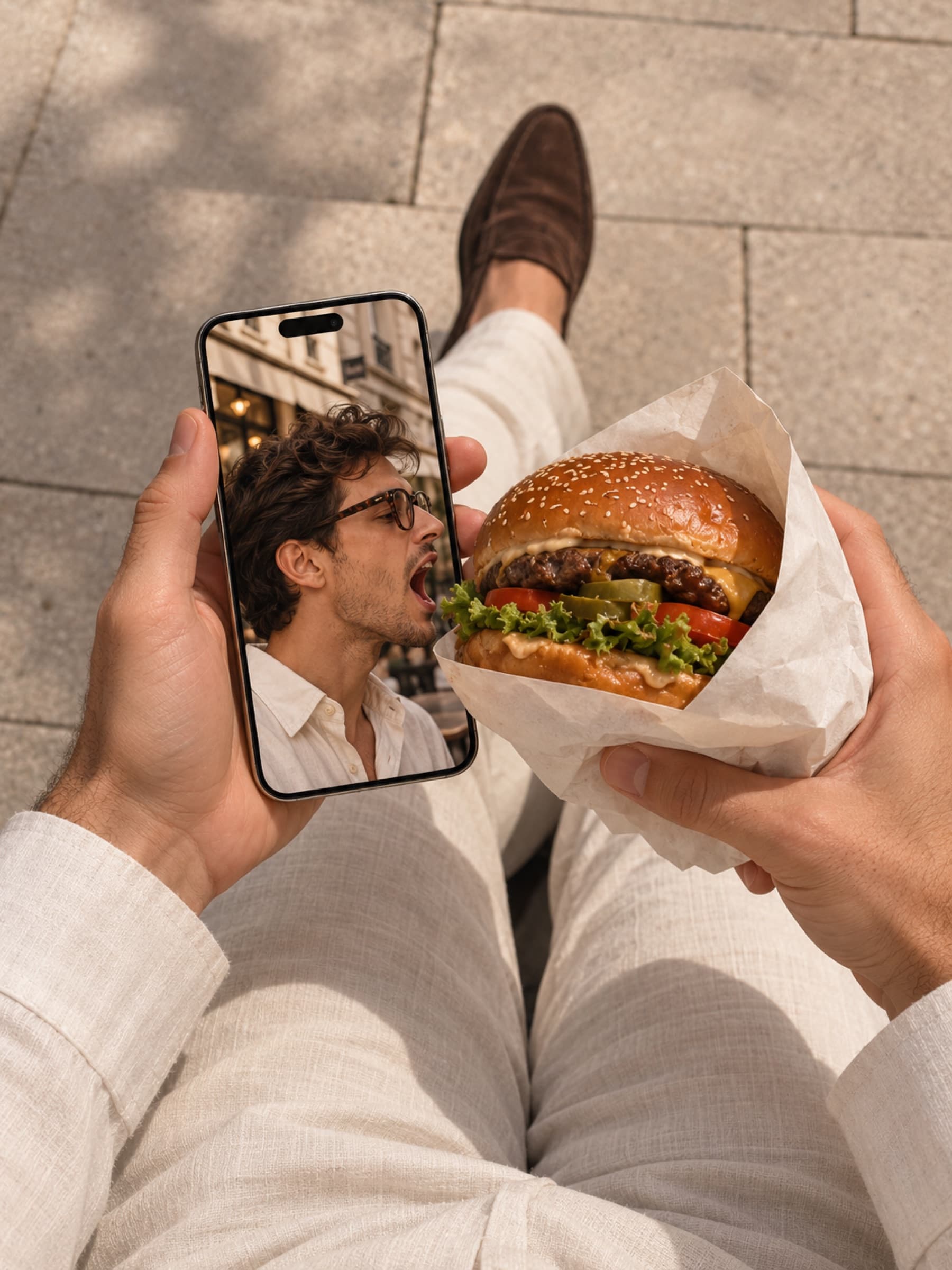 Een telefoon filmt een man die in een burger bijt