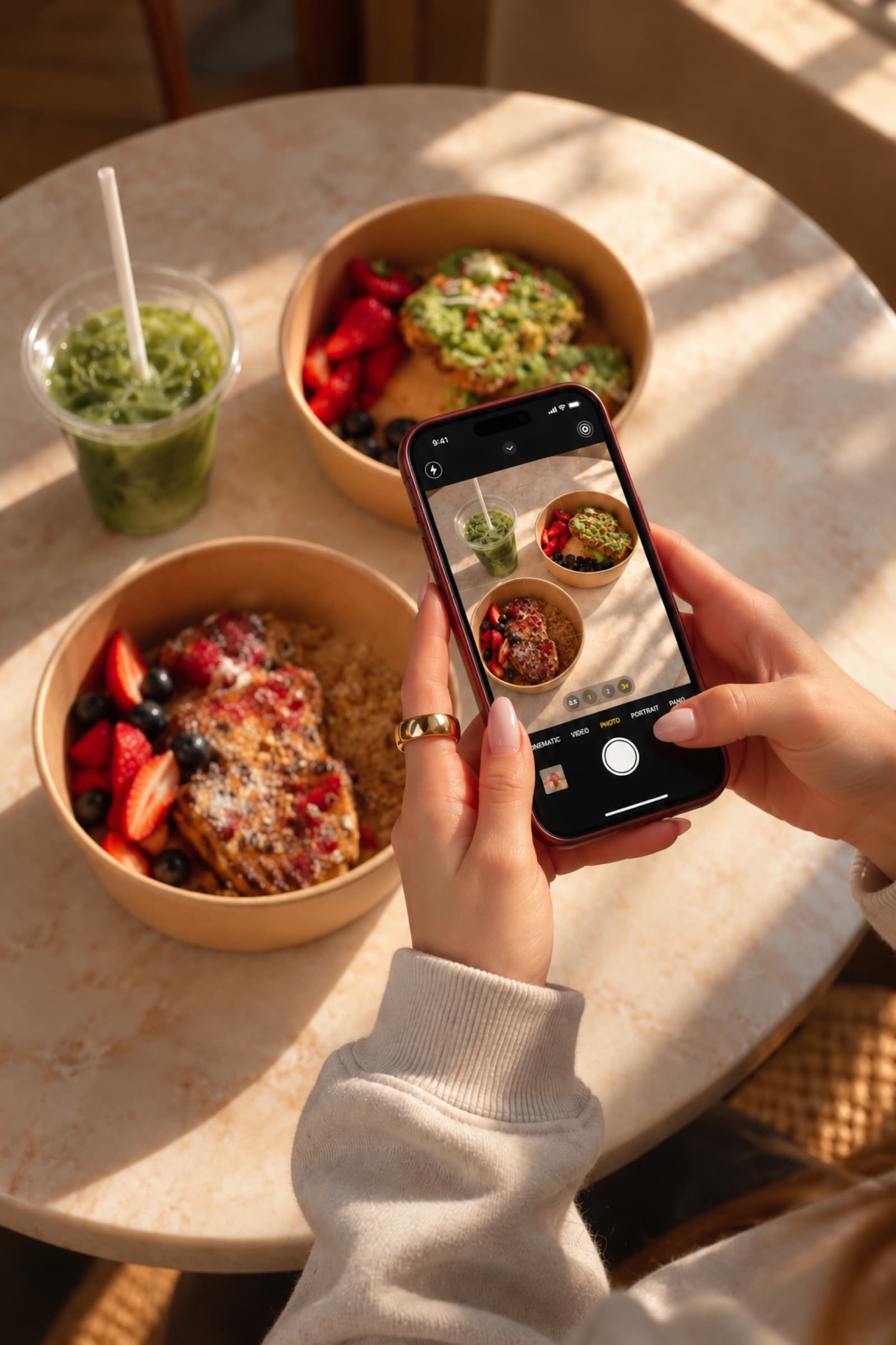 Een telefoon fotografeert een bowl van bovenaf